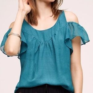 Maeve Blue Flutter Sleeve Ruffled Blouse‎
